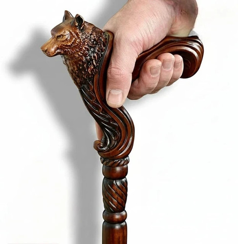 Hand carved wolf head wooden - hand,