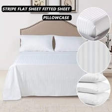 HOTEL QUALITY COTTON SATIN STRIPE FLAT WHITE SHEET BED STRIPE SATEEN BEDDING SET