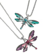 Ladies Enamel Crystal Sparkly Dragonfly Pendant Necklace on Chain Statement