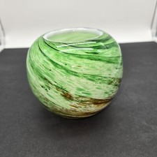 Hand Blown Glass Round Orb Vase Bowl Green and Brown Swirl 3" x 5"