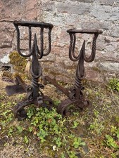 Vintage Hammer Forged Andirons Pair Antique Fireplace Fire Dogs French Wrought