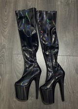 Pleaser Stiletto Platform Over Knee Boots Black Holographic FLAMINGO-3000HWR