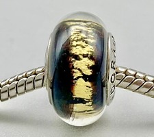 💛 A GENUINE ‘PANDORA’ STERLING SILVER ~ BLACK & GOLD MURANO ART GLASS CHARM. 💛