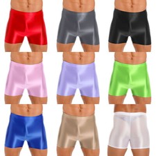 Mens oily Shiny Shorts Boxer Briefs Sport Gym Workout Bottoms Glossy Short Pants