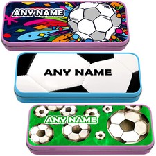 FOOTBALL Personalised Name Pencil Case Tin School Stationary Kids Boys Gift New