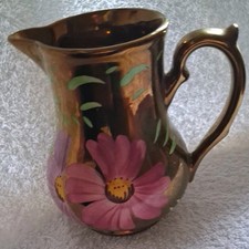 Vintage Wade Copper Gold Lustre Ceramic Jug With Hand Painted Flower Details