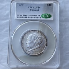 1936 Bridgeport Silver Commemorative Half Dollar - CAC AU 58+  50 Cent Coin
