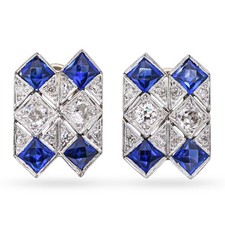 Art Deco 14k Gold and Platinum Old Euro Diamond and Lab Sapphire Earrings