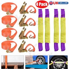 4x HEAVY DUTY RATCHET RECOVERY STRAPS CAR TRAILER TIE DOWN ALLOY WHEEL BELT SET