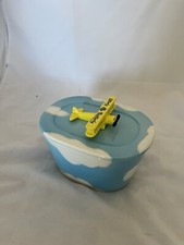 Vintage Retro Blue Utterly Butterly Ceramic Butter Dish With Airplane Lid 