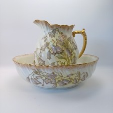 Antique Lanternier Limoges Bathroom Jug & Large Wash Basin Set Raised Bellflower
