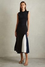 REISS Faro Hybrid Colourblock Midi Dress in Black Size M (UK Size 12)