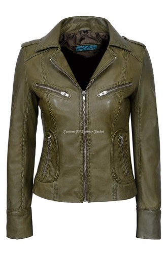 Ladies leather jacket olive - ladies,