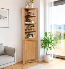 Small Display Cabinet, Solid Wooden Oak Corner Storage Cupboard & Shelf Unit Top