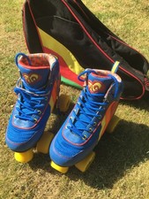 SFR UK 3 Rio Roller Quad Skates Blue Multi Colour Rainbow Retro 70s with Case