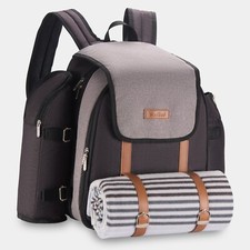 Grey Picnic Backpack w/ Blanket, 4 Person Picnic Rucksack & Travel Mat - VonShef