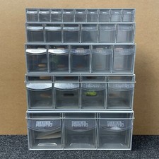 Stack of 5 Grey Storage Plastic Tilt Bins Locking Bar Tubs Parts Van Boxes New