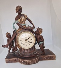 Vintage Antique Bronze Women & 2 Angels Cast Figurine Mantel Desk Clock Working