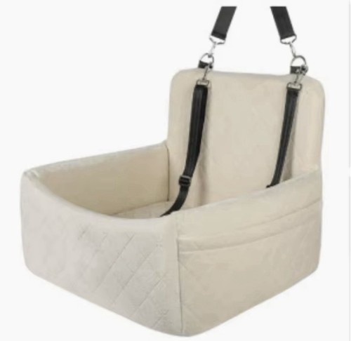 Cream quilted dog car booster - car,