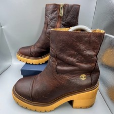 Timberland Womens Boots - UK4 EU37 - Brown Leather Heeled Aged Look Mid-Top- Zip