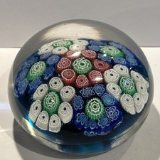 Vintage Art Glass Millefiori Daisy Flowers Red White Blue Large Paperweight 