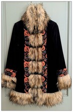 JOE BROWNS BLACK VELVET FAUX FUR EMBROIDERED COAT 10 AFGHAN PENNY LANE HIPPY