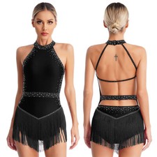 Women Fringe Latin Dance Dress Sparkly Tango Ballroom Rumba Chacha Leotard Dress