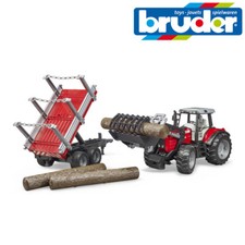 Bruder Toys 02046 Massey Ferguson 7480 Tractor Timber Trailer Logs + Grab Loader