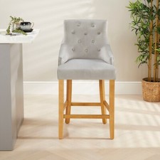 Luxury Light Grey Velvet Scoop Back Bar Stool – Natural Oak Legs - Kitchen B-606