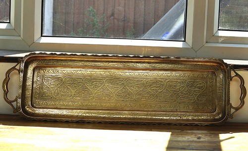 Vintage long solid brass tray - vintage,