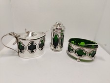 Antique Sterling Silver & Green Glass Cruet Set. 1906