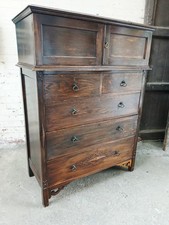 Antique Vintage carved oak tall chest of Drawers With Hutch Cupboard 