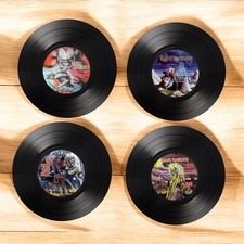 Set of 4 Iron Maiden Round Record Coasters, Vintage Vinyl Music Decor,