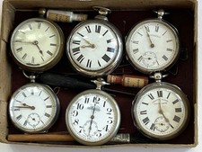 6 Antique Silver Cased Pocket Watches incl Row of Alton in Vintage Repair box