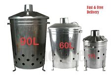 Galvanised Metal Incinerators Garden Waste Wood Fire Bin Burner 15L, 60L, 90L UK