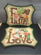 HOMCO 1970's LOVE & FAITH Wooden Wall Plaques Decor Kissing/Praying Vintage