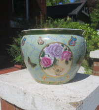 Oriental Chinese Fish Bowl / Planter Plant Pot Butterflies Decoration Green