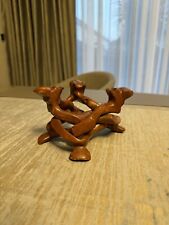 Vintage African Handmade Three Head Wooden Plate Stand Sculpture Wood