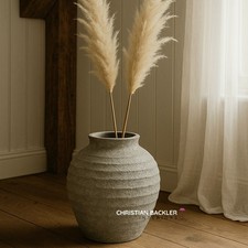 Large Rustic Grey Ceramic Floor Vase Stone Look Tuscan Ribbed Aged Effect 33cm