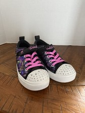Size 2 SKECHERS Twinkle Toes Sequin Party Girls Shoes Light Up Purple Black NEW