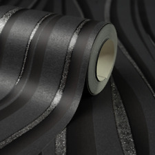 Charcoal Grey Black Glitter Textured Feature Wallpaper Vinyl Wave Stripe Thick