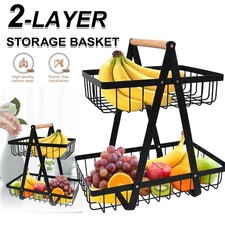2-Tier Black Iron Fruit Storage Basket Vegetable Bowl Bread Holder Rack UK