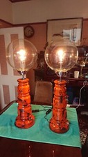 Large Pair West German Pottery orange/black fat lava  -glass globe lamps -