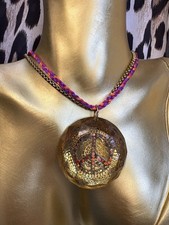 Betsey Johnson Vintage St. Barts Lucite Gem Peace Sign Fuchsia Purple Necklace