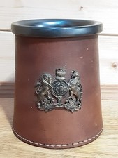 Vintage Real Hide Leather Bound Ceramic Tankard Unicorn & Lion Coat Of Arms VGC