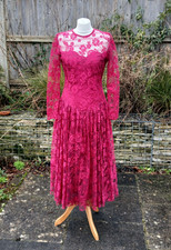 Vintage 1980s Wallis Ballgown Evening Prom Dress Label 10 Bright Pink Satin Lace