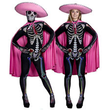 LADIES DAY OF THE DEAD COSTUME SENORITA SKELETON CAT SUIT SOMBRERO FANCY DRESS