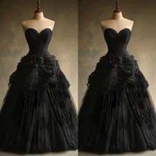 Black Gothic Wedding Dresses Off Shoulder Tiered Tulle A Line Bridal Gowns