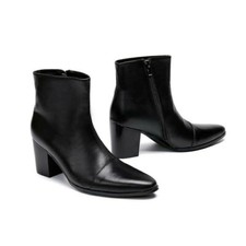 Mens Pointed Toe Cuban Heel Leather Boots Ankle Boots High Top Zip Shoes