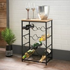 Elegant 12-Bottle Wine Rack Display Table | Oak Wood Top & Black Metal Frame